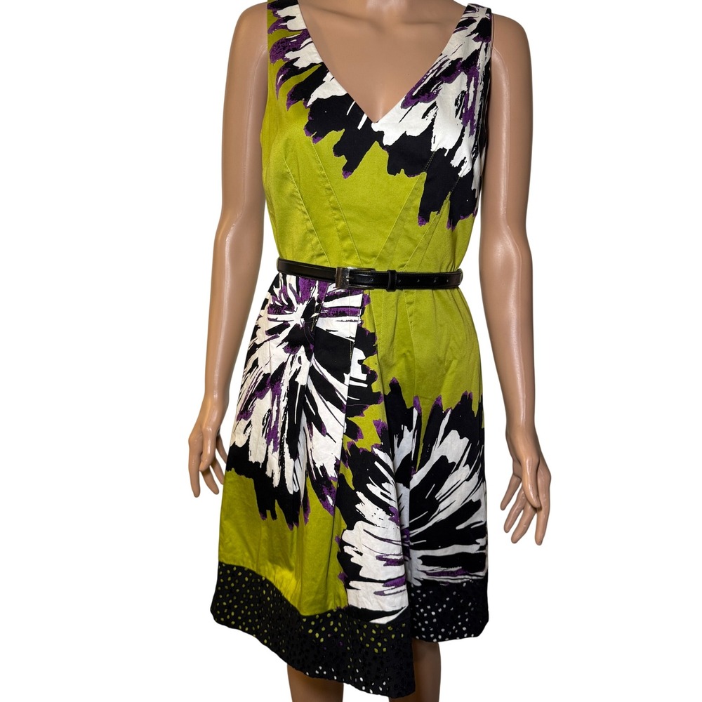 Nine West Dress Womens 6 Lime Green Floral V-Neck Belted Eyelet Hem‎ Sleeveless